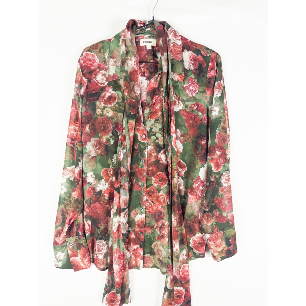 L'Agence Floral Rose Print Button Up Blouse Womens M Green Red Boho Romantic